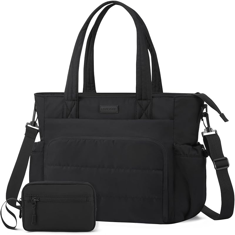 LOVEVOOK Tote Bag for Women, 15.6 Inch Puffer Laptop Work Tote with Cup Holder, Quilted Nurse Bag for Travel, Gym, Daily Use